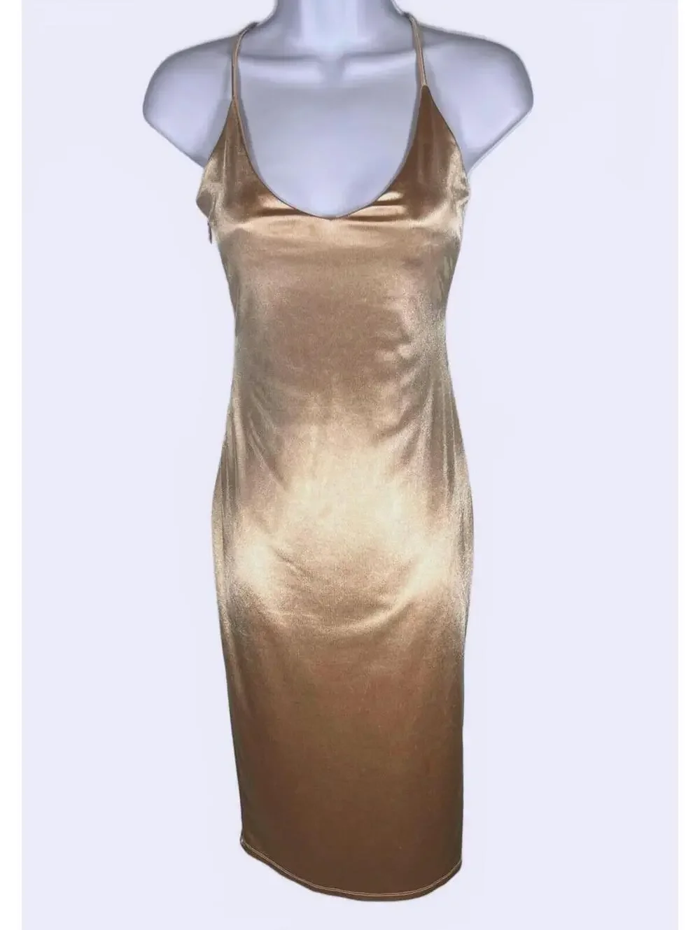 Bebe Hazelnut Gold Strappy Back Satin Midi Dress Evening Glam Cocktail Small